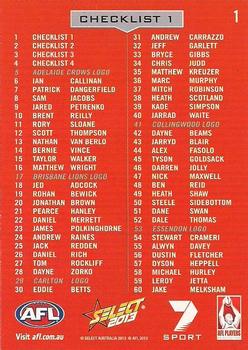 2013 Select AFL Champions #1 Checklist 1 Back